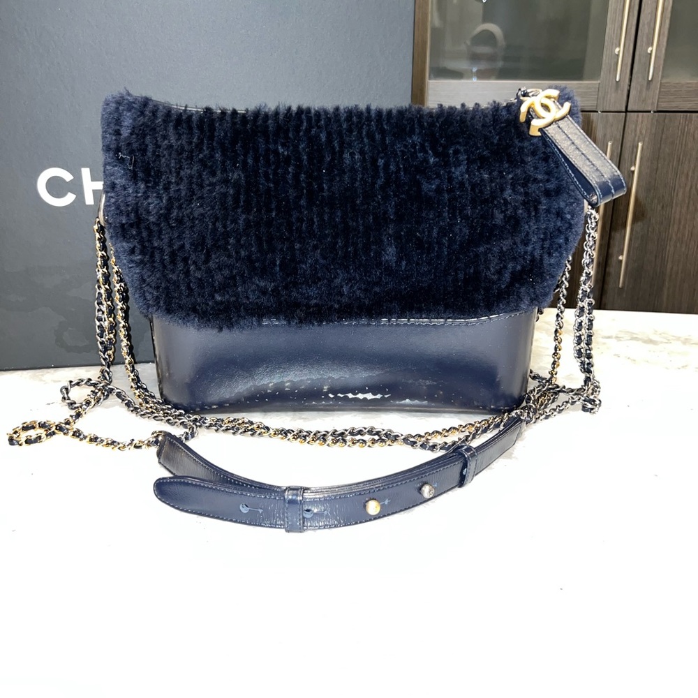 Chanel Navy Shearling Fur and Leather Gabrielle Bag